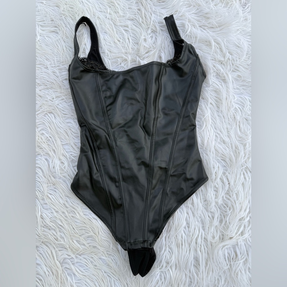 Sleek Black Faux Leather Bodysuit
